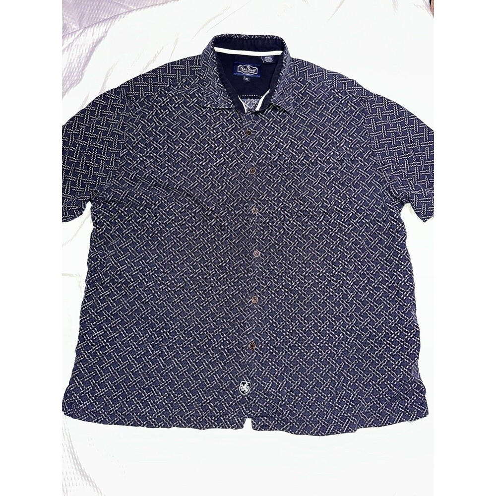 Nat Nast Shirt Men XL  Blue Button Up Camp Short Sleeve Silk Blend Geometric